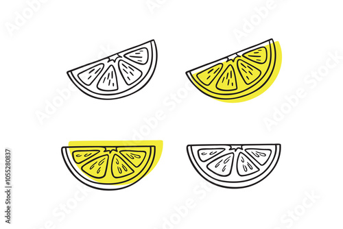 Doodle hand drawn lemon slice icon set. Single lemon slices for cafes and restaurants, cute postcards and culinary design.