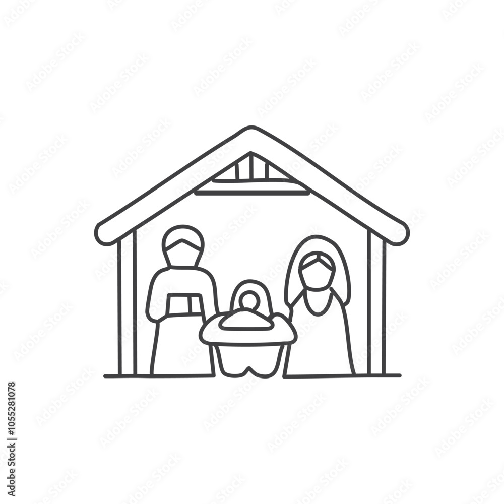 A simple, serene vector of baby Jesus in a manger, surrounded by Mary, Joseph A simple, serene vector of baby Jesus in a manger, surrounded by Mary, Joseph