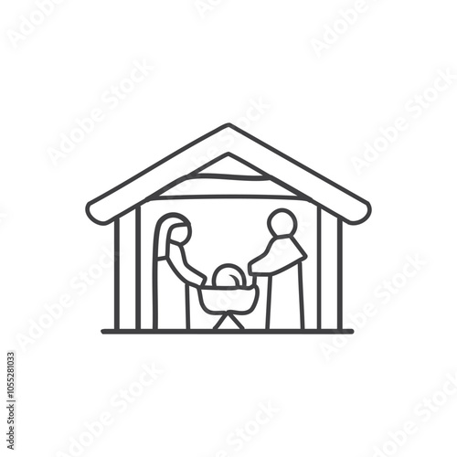 A simple, serene vector of baby Jesus in a manger, surrounded by Mary, Joseph