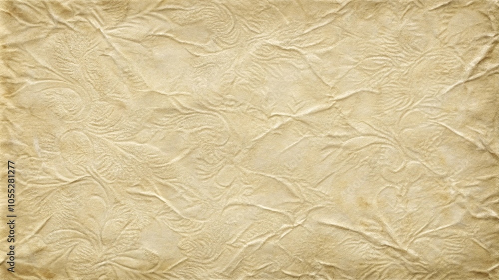 Distressed, cream-colored paper with a tactile, embossed texture, evoking the feeling of aged parchment, featuring raised patterns and subtle creases, parchment texture, handmade paper, aged papers Distressed, cream-colored paper with a tactile, embossed texture, evoking the feeling of aged parchment, featuring raised patterns and subtle creases, parchment texture, handmade paper, aged papers