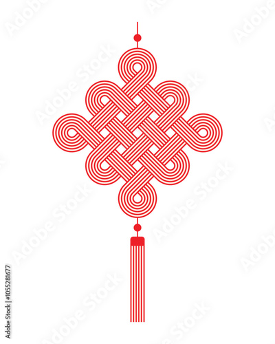 Chinese lucky knot with tassel. Lunar new year decoration. Red traditional Chinese ornament. Vector illustration isolated on white background