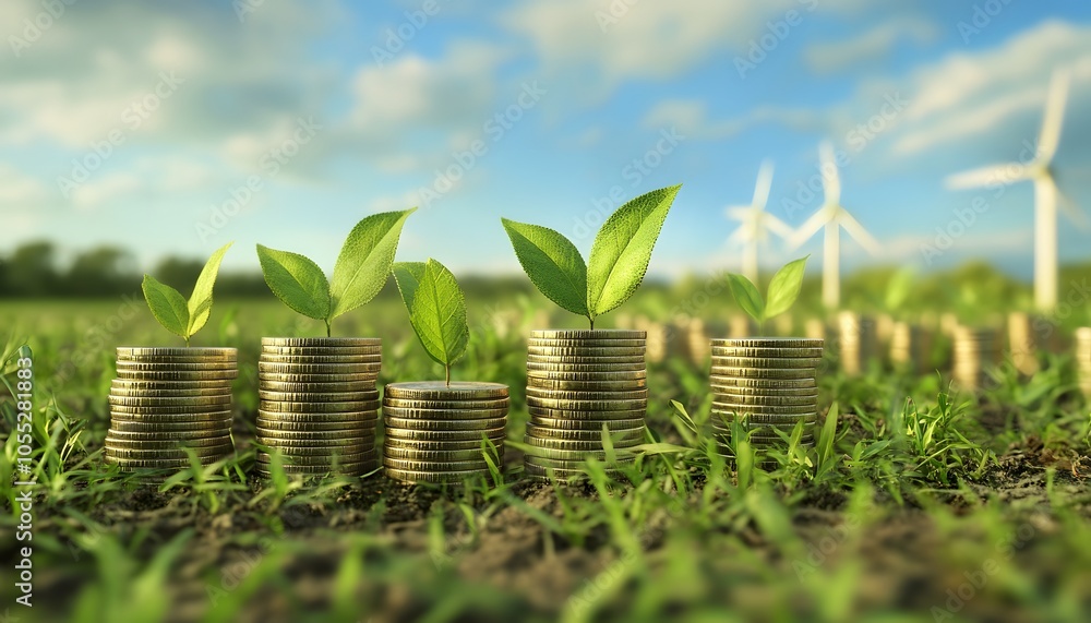 Stacks of Golden Coins with Green Plants Growing on Top, Set in a Field with Wind Turbines in the Background Stacks of Golden Coins with Green Plants Growing on Top, Set in a Field with Wind Turbines in the Background