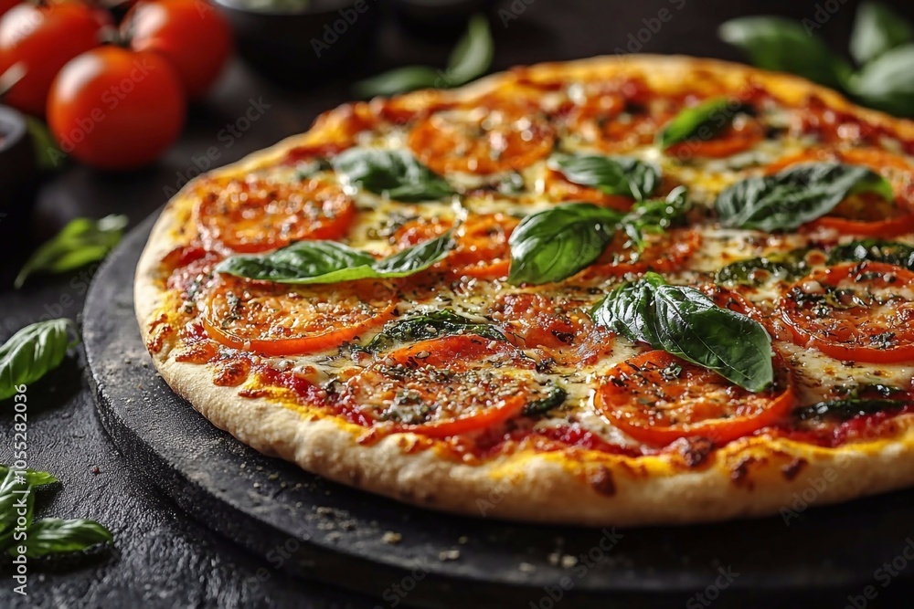 Close up of pizza with vegetables and cheese, space for text on the left.
Close up of pizza with vegetables and cheese, space for text on the left.