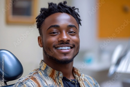 Client in clinic: Smiling patient in dental clinic showing his new teeth.