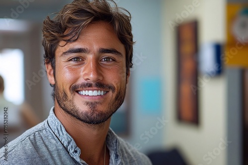 Client in clinic: Smiling patient in dental clinic showing his new teeth.