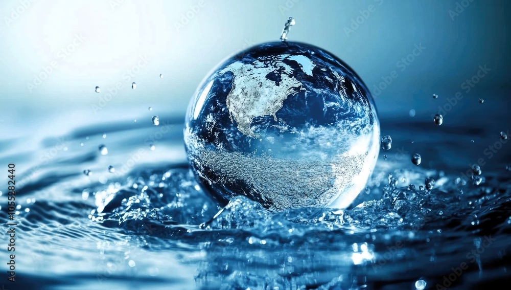 Planet Earth in the form of a globe in transparent water with splashes. Concept of eco friendly behavior and keeping water clean Planet Earth in the form of a globe in transparent water with splashes. Concept of eco friendly behavior and keeping water clean
