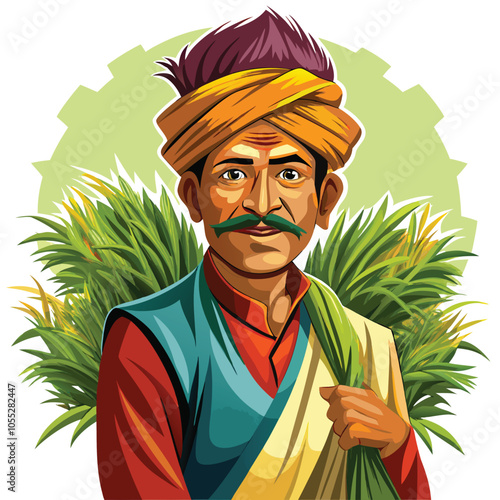 Indian Man Holding Grass Bundle on Shoulder - Traditional Farming and Labor Scene