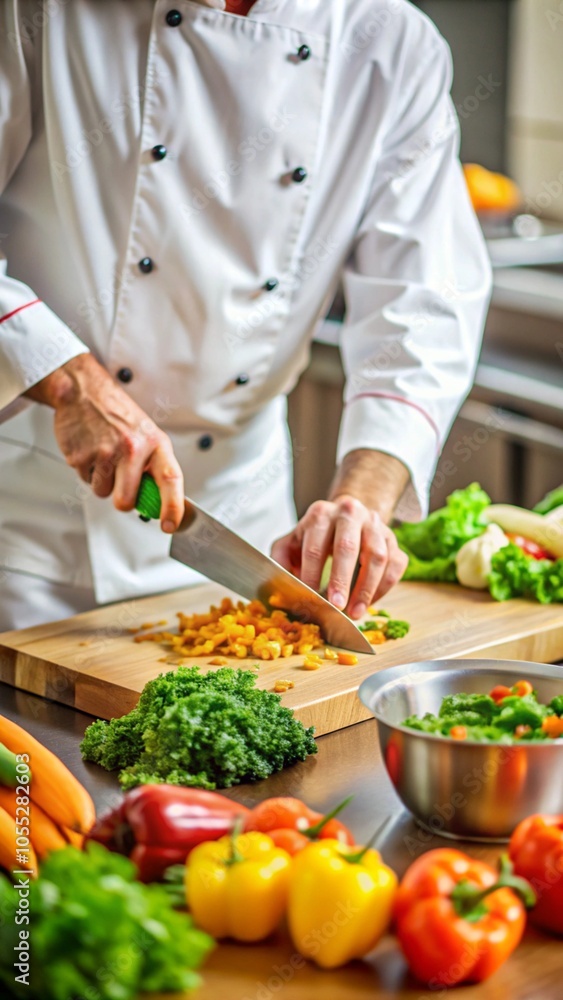 Close-up of a chef's hands skillfully chopping vegetables on a board. Close-up of a chef's hands skillfully chopping vegetables on a board.