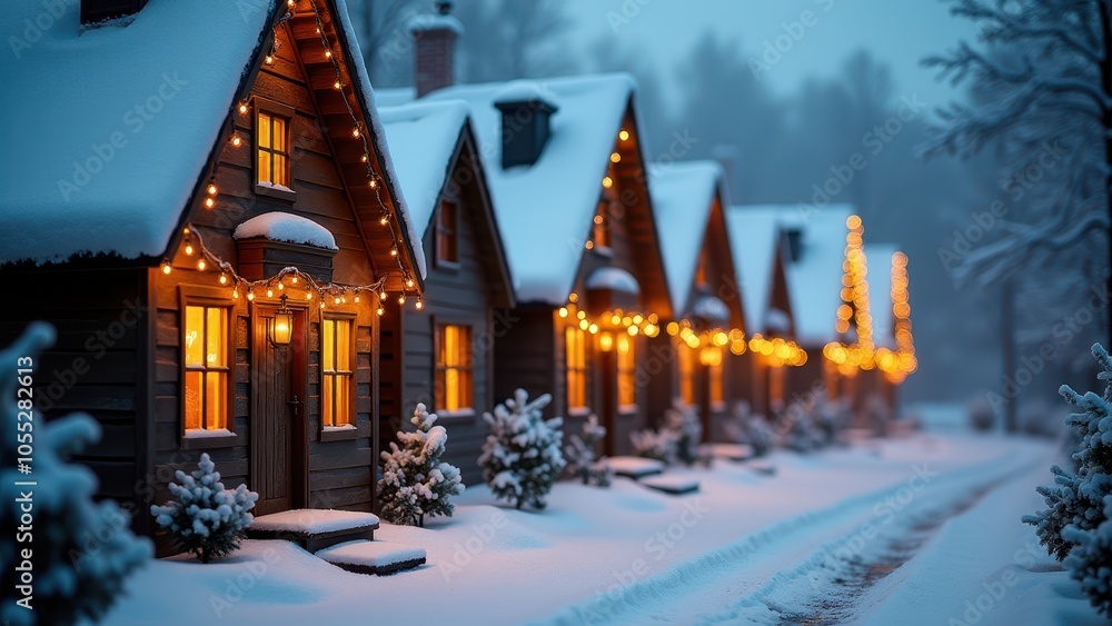 Snow-covered cabins glow warmly with festive string lights on a winter evening, surrounded by glittering trees and a blanket of fresh snow. Snow-covered cabins glow warmly with festive string lights on a winter evening, surrounded by glittering trees and a blanket of fresh snow.