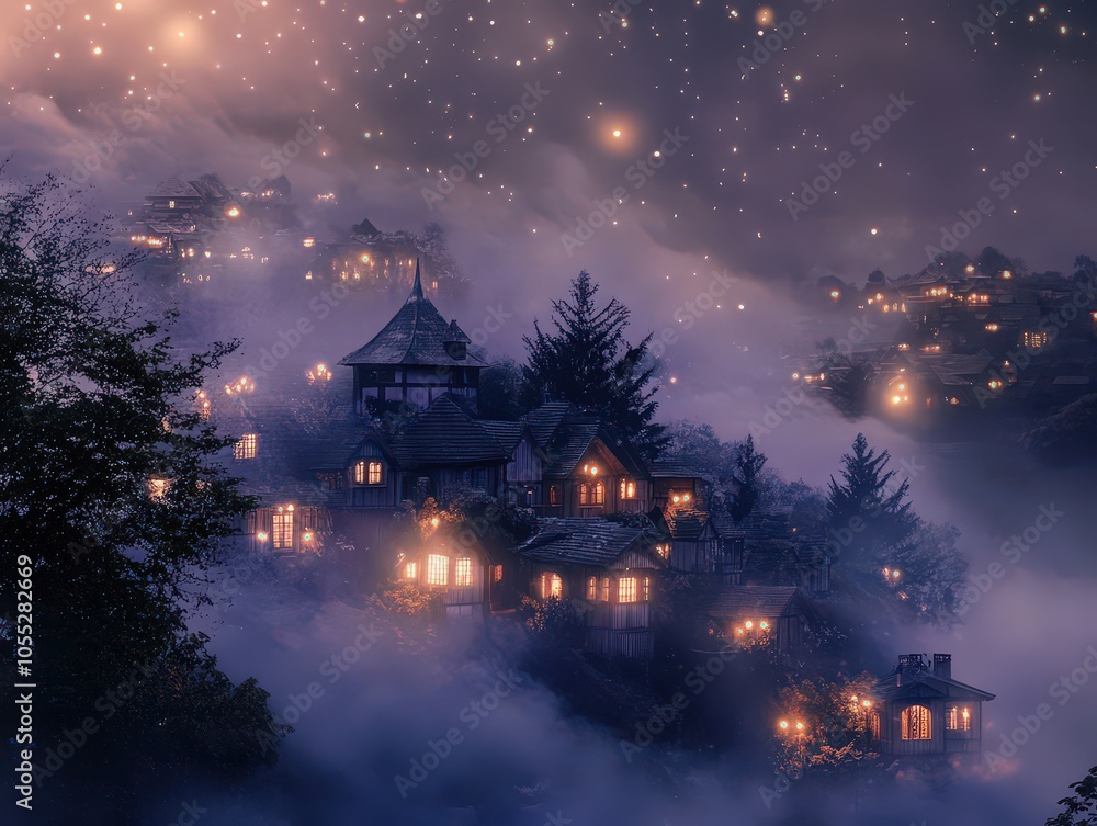 Obraz premium A misty night landscape featuring glowing houses nestled in the fog, illuminated against a starry sky, creating a tranquil and enchanting atmosphere.