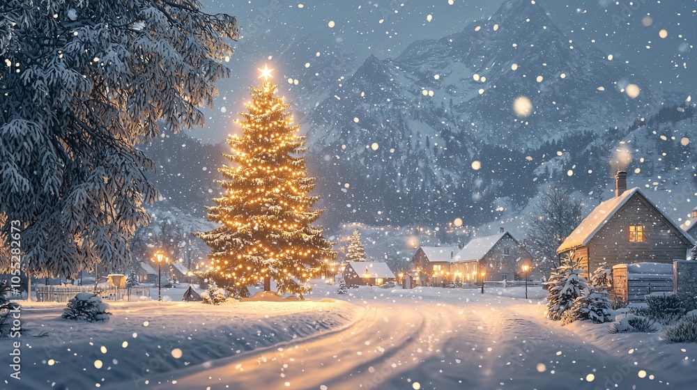 Snowy Christmas Village with Illuminated Tree and Cozy Cabins Snowy Christmas Village with Illuminated Tree and Cozy Cabins