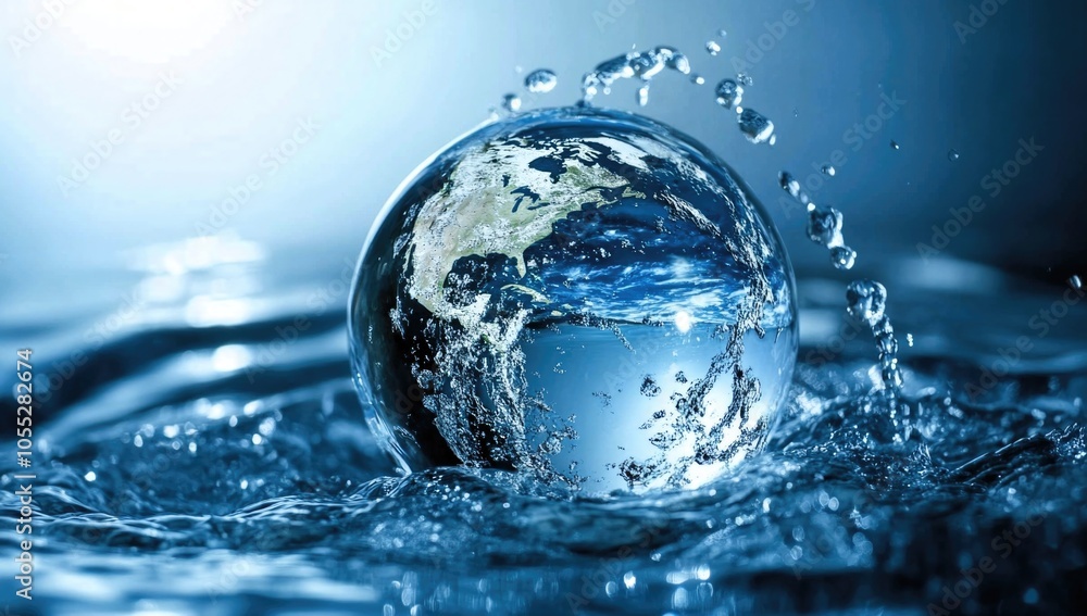 Planet Earth in the form of a globe in transparent water with splashes. Concept of eco friendly behavior and keeping water clean Planet Earth in the form of a globe in transparent water with splashes. Concept of eco friendly behavior and keeping water clean