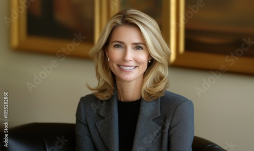 Professional woman smiling in a modern office setting during daytime with elegant decor and soft lighting