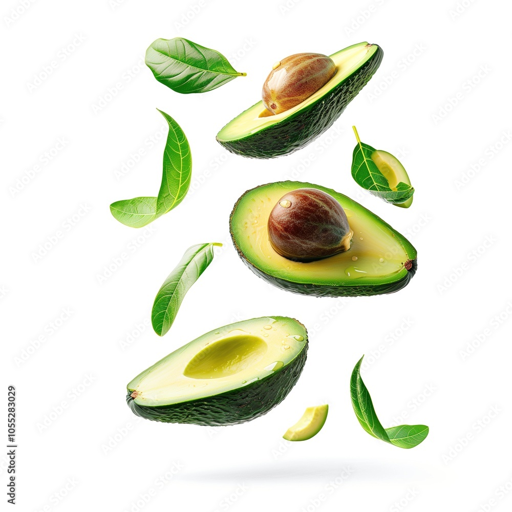 Avocado with half slices falling or floating in the air with green leaves isolated on a white background, Fresh organic fruit with high vitamins and minerals Avocado with half slices falling or floating in the air with green leaves isolated on a white background, Fresh organic fruit with high vitamins and minerals