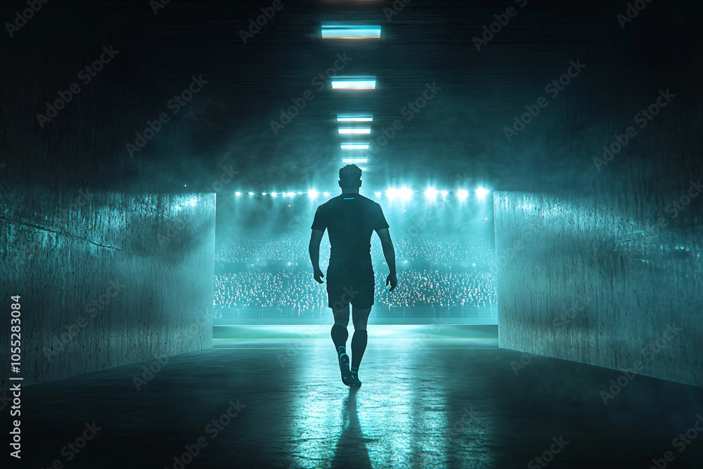 Fototapeta premium Player Walking Through Dark Tunnel Before Soccer Game
