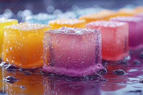 
Ice cubes with fruit inside: Take pictures of ice cubes with frozen pieces of fruit or berries inside. photo