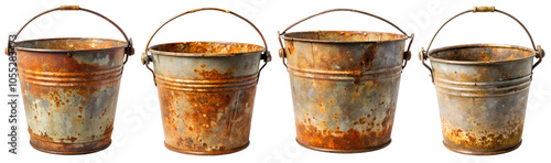 Set of rural old used metal buckets for water, trash, and weeds on transparent background. Rural Inventory Concept.