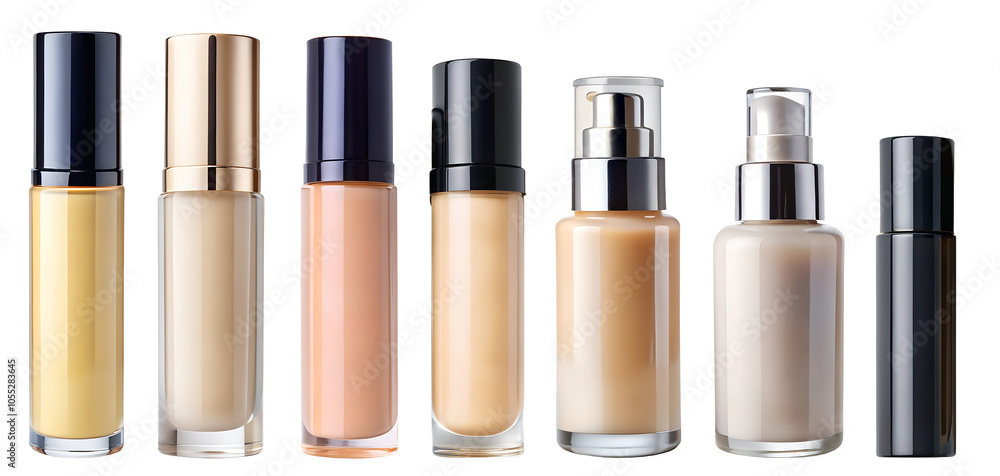 Collage with bottles of skin foundation on a transparent background. Beauty and fashion concept. Collage with bottles of skin foundation on a transparent background. Beauty and fashion concept.