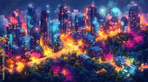 A futuristic city with glowing buildings and a forest below, lit by colorful lights.