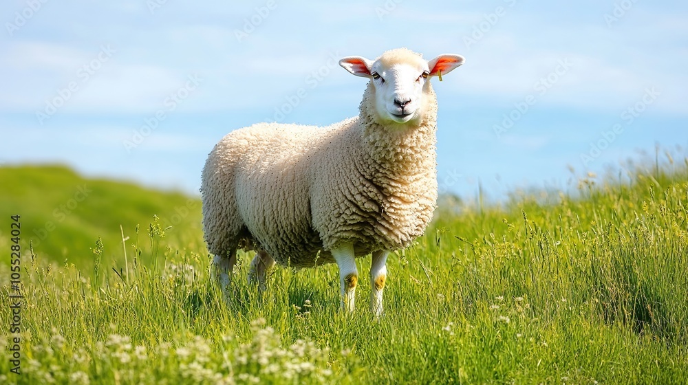 White sheep enjoying green hills with bright blue sky and white clouds in the background White sheep enjoying green hills with bright blue sky and white clouds in the background