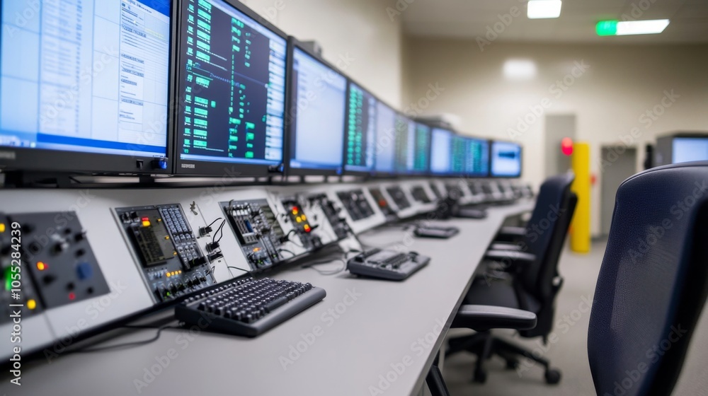 Modern Control Room with Advanced Monitoring Systems and High-Tech Equipment in a Secure Facility Setting Modern Control Room with Advanced Monitoring Systems and High-Tech Equipment in a Secure Facility Setting