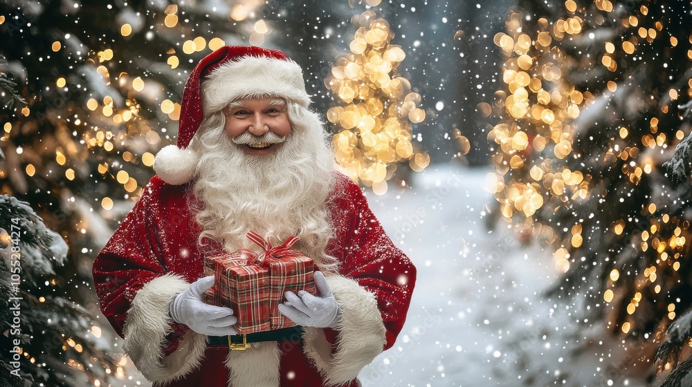 Festive Santa with Gifts in Snowy Forest Festive Santa with Gifts in Snowy Forest