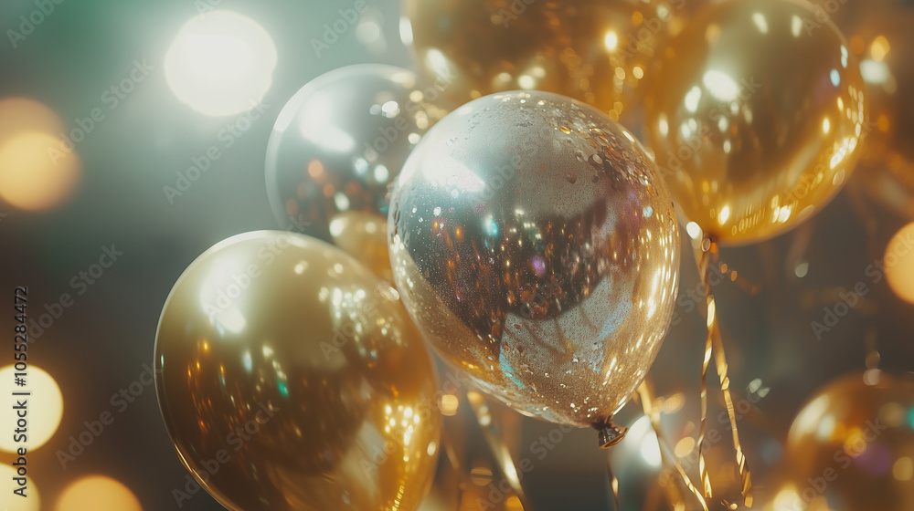 Gold and silver balloons with shiny ribbons and party decor, New Year mood, copy space Gold and silver balloons with shiny ribbons and party decor, New Year mood, copy space