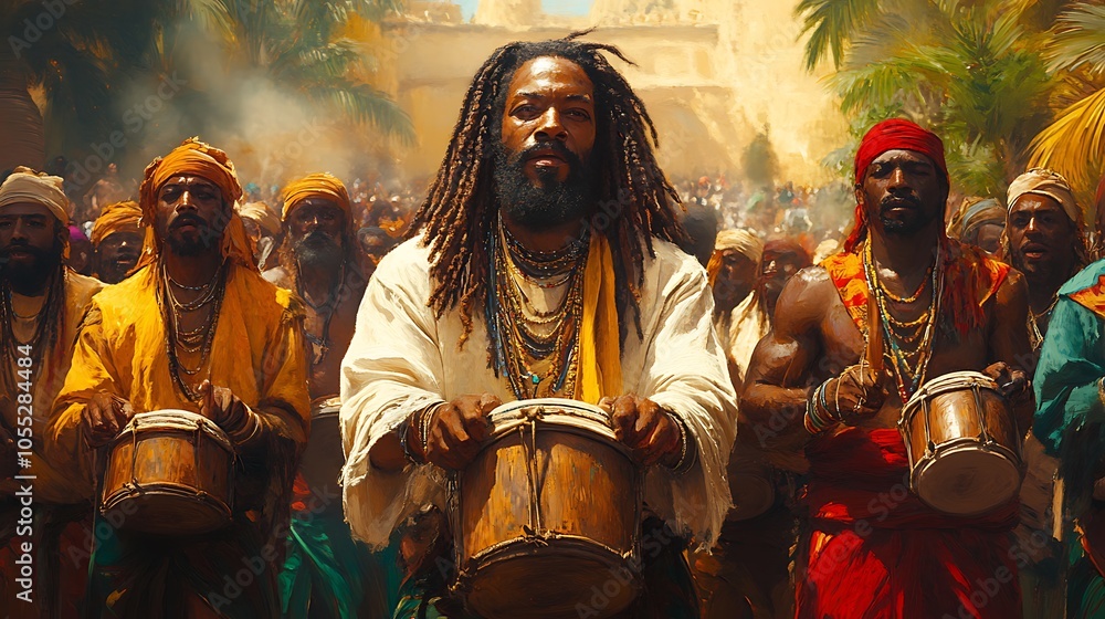 A group of men dressed in colorful clothing play drums in a crowded street. A group of men dressed in colorful clothing play drums in a crowded street.