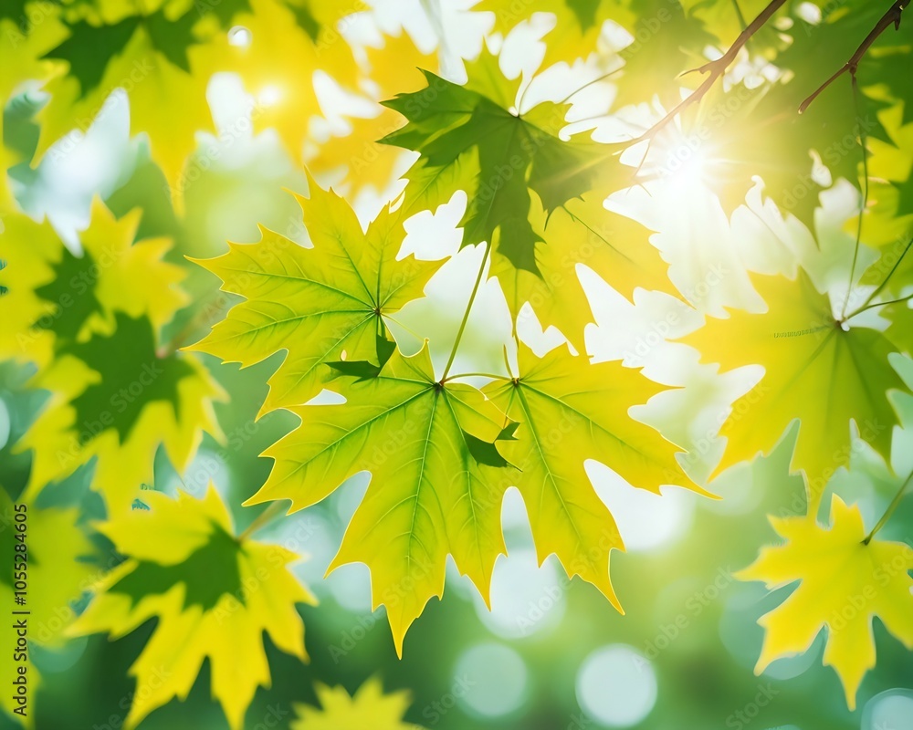Fresh Green Maple Leaves at Sunlight, green yellow vibrant color spring nature blurred background, copy space, new young leaf on branch tree, natural aesthetic soft focus banner landscape Fresh Green Maple Leaves at Sunlight, green yellow vibrant color spring nature blurred background, copy space, new young leaf on branch tree, natural aesthetic soft focus banner landscape