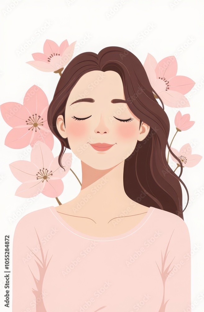 Serene woman with blossoms: peaceful springtime illustration Serene woman with blossoms: peaceful springtime illustration