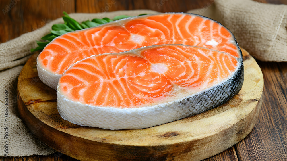 Fresh Raw Salmon Fillets on Wooden Cutting Board, Fish, Seafood, Kitchen, Ingredient, Healthy