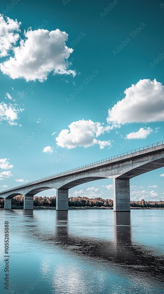 Concrete bridge spanning a wide river on a bright blue sky background with white clouds Concrete bridge spanning a wide river on a bright blue sky background with white clouds