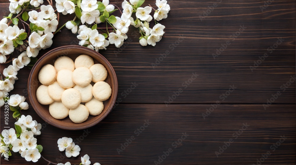 Freshly Baked Cookies on Wooden Background with Spring Blossoms Freshly Baked Cookies on Wooden Background with Spring Blossoms