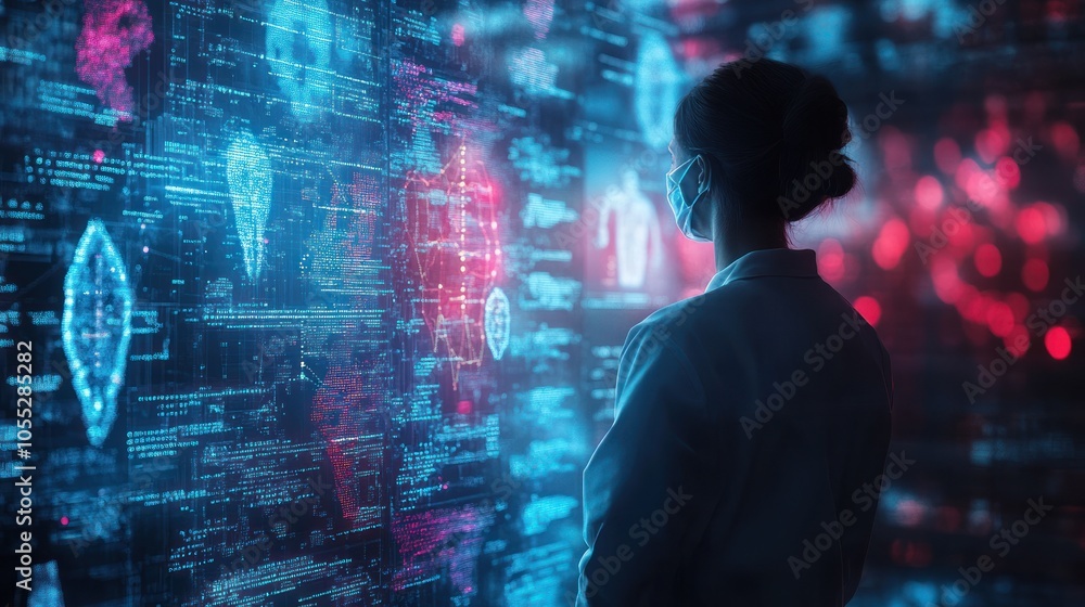 A female doctor in a white coat and face mask stands in front of a large screen displaying holographic medical data and code, looking at the screen with a thoughtful expression. A female doctor in a white coat and face mask stands in front of a large screen displaying holographic medical data and code, looking at the screen with a thoughtful expression.