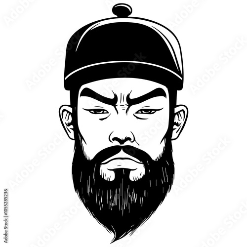 Vector illustration of an Asian barber with a stern expression and squinting eyes in black and white