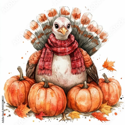 Adorable watercolor of a cute turkey wearing a red and white striped scarf  comfortably sitting on a pile of orange pumpkins surrounded by autumn leaves and gourds in a cozy  festive harvest scene photo