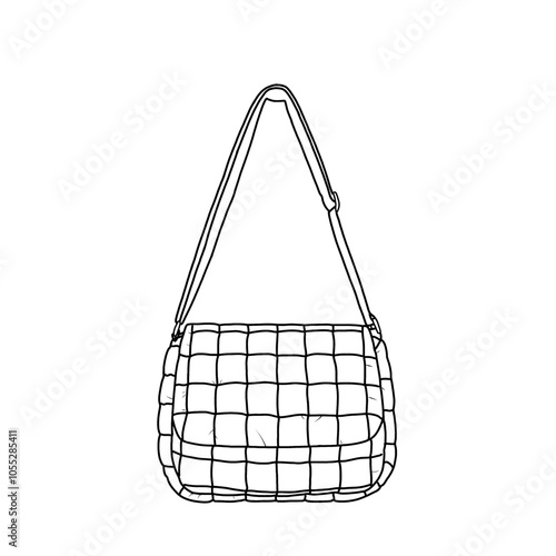 Puffer handbag for women. Quilted puffer padded, crossbody bag, satchel bag purse adjustable strap for shopping and travel line art. Outline vector doodle illustration isolation on a white background