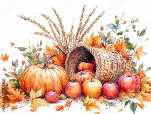 Autumnal Bounty A Watercolor Depiction of a Festive Cornucopia Overflowing with Pumpkins Apples Wheat Stalks and Autumn Leaves Capturing the Essence of the Harvest Season