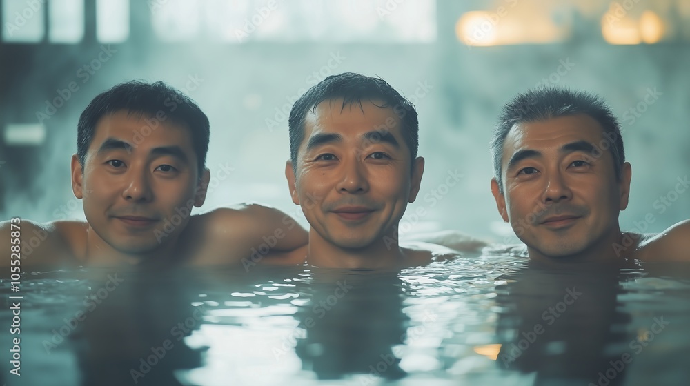 Three smiling men enjoy a serene soak in a steaming hot spring, highlighting relaxation and camaraderie. Three smiling men enjoy a serene soak in a steaming hot spring, highlighting relaxation and camaraderie.