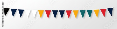 Festive pennant banner: Smooth triangular flags connected in a neat line on a plain white background.