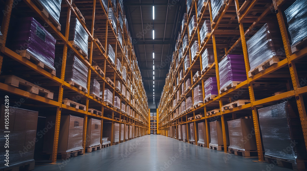 Fototapeta premium Warehouse Storage Shelves, pallets, boxes, distribution center, logistics, inventory