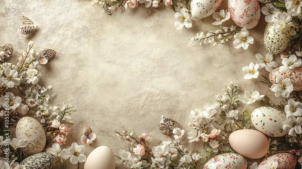Fototapeta premium Design a cheerful copy space background for Easter, featuring soft pastel colors, decorated eggs, and delicate spring flowers, creating a warm and inviting space for holiday messages.