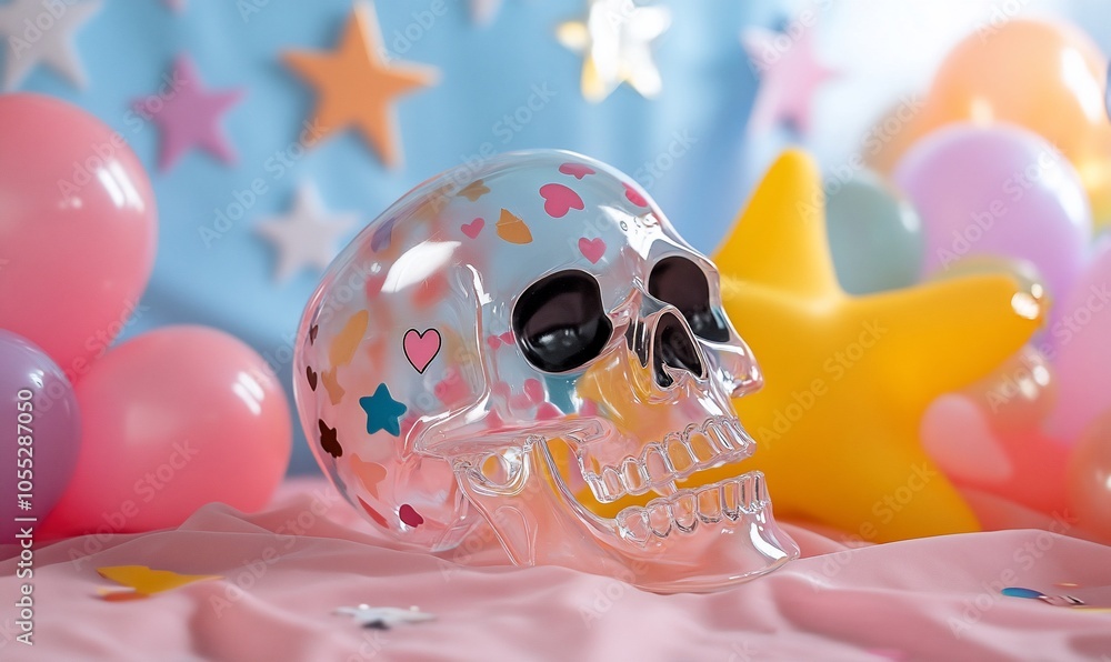 A glass skull with painted hearts and stars surrounded by pastel balloons and stars. A glass skull with painted hearts and stars surrounded by pastel balloons and stars.