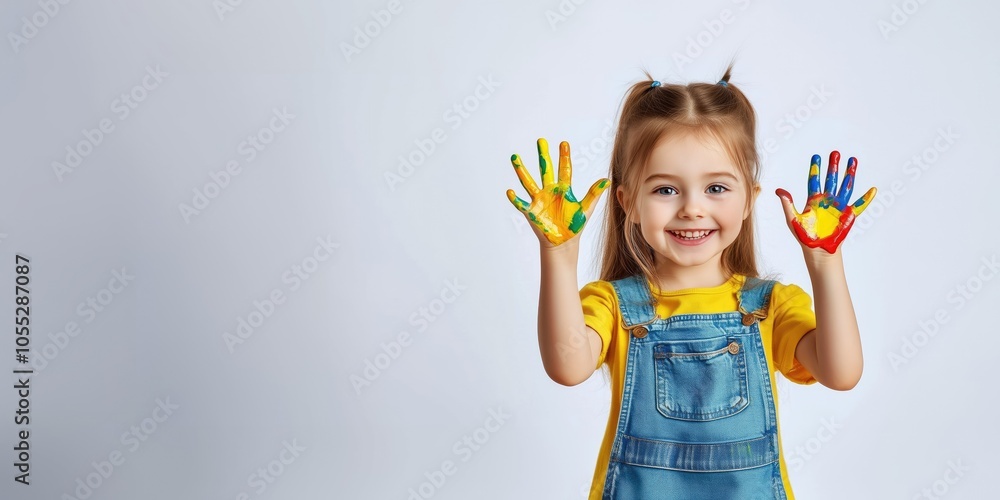 Happy girl playing with paint and making colorful hands on white background, smiling child doing art activity in studio style Happy girl playing with paint and making colorful hands on white background, smiling child doing art activity in studio style