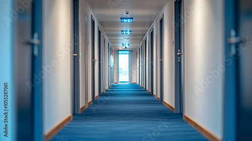 Empty hotel corridor with blue carpet, hallway, aisle, blue flooring, doors, white walls