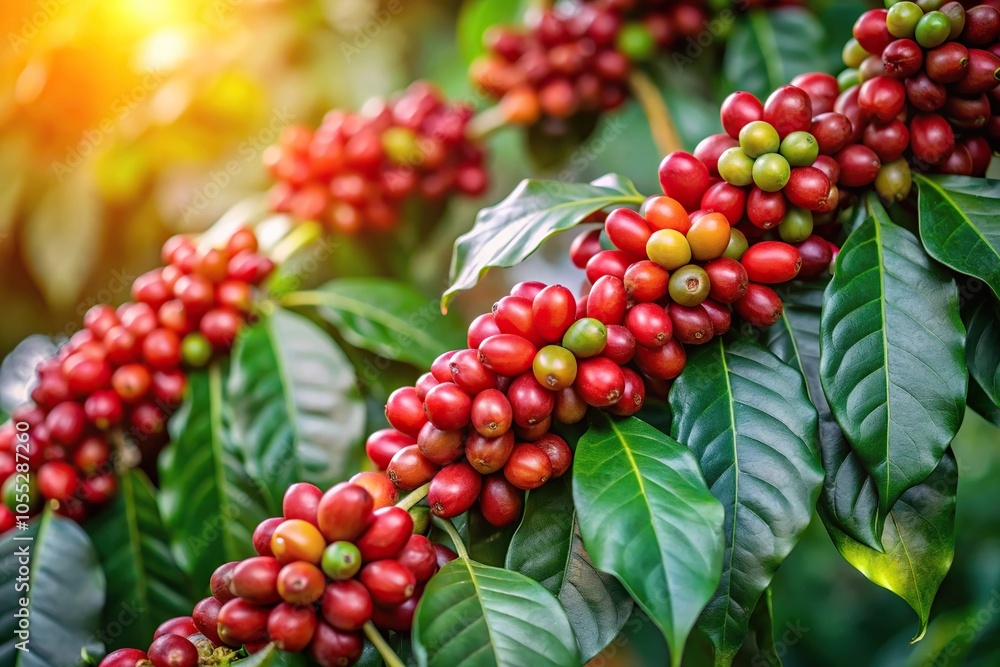 Low hanging coffee cherries on a bushy coffee plant in a lush garden, green leaves, garden scene, outdoor, tropical plants Low hanging coffee cherries on a bushy coffee plant in a lush garden, green leaves, garden scene, outdoor, tropical plants