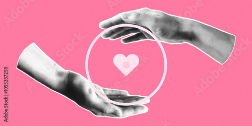 Halftone collage banner, breast cancer awareness month. Paper cut hands, self-diagnosis concept, mixed media design, pink ribbon, women's health.