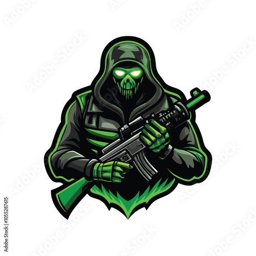 A stylized ghostly soldier, rendered in a digital art style, with glowing green eyes. The soldier should appear ethereal and translucent, as if fading into the background.