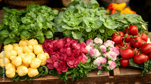 Fresh Produce Display at Market Stall, vegetables, fruits, tomatoes, red tomatoes, yellow fruits