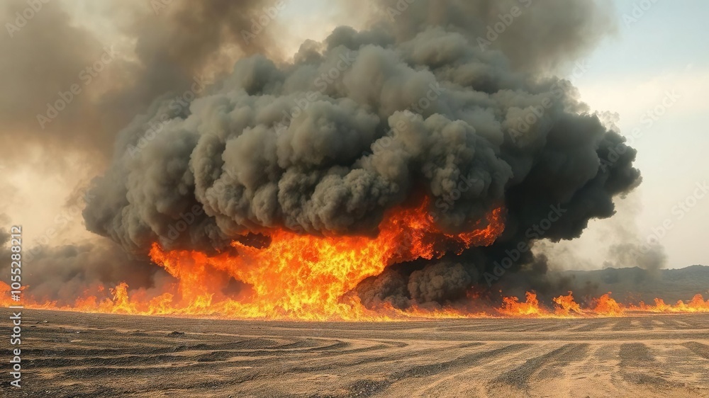 Massive fire tornado swirling through a burning landscape with thick black smoke billowing into the sky, fiery, scorching Massive fire tornado swirling through a burning landscape with thick black smoke billowing into the sky, fiery, scorching